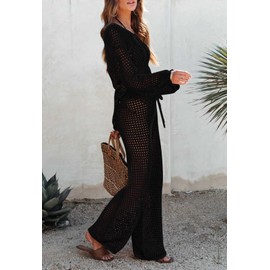 Pink Queen Swim Cover Up for Women 2 Piece Oversized Crochet Crop Top High Waisted Pants Beach Coverups Black M