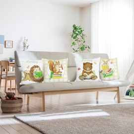 Bonhause Animals Cushion Covers 45 x 45 cm Bear Squirrel Bunny Hedgehog Reading Books Decorative Throw Pillow Covers for Sofa Couch Bed Home Garden Kids Room Decor Set of 4