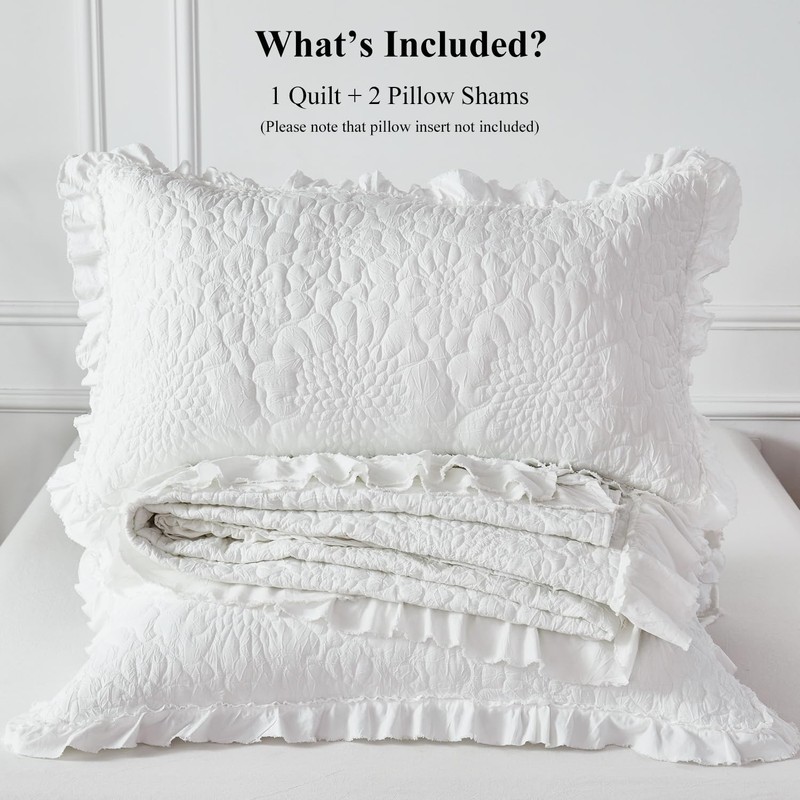WINLIFE Bright White Ruffled Quilt Set 3pcs Queen 90''x98'' -