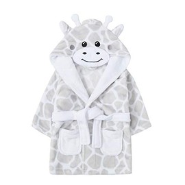 Bamu Baby Town Boys Girls Infants Unisex Soft Plush Flannel Fleece Hooded Bath Robe Dressing Gown Sizes 6-24 Months (White/Grey Giraffe, 6-12 Months)