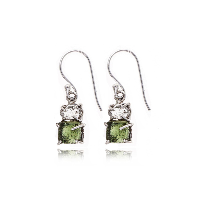 Certified Moldavite Rough & Herkimer Diamond 925 Solid Sterling Silver