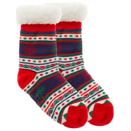 Metzuyan Kids Girls Boys Unisex Novelty Christmas Fair Isle Pattern Sherpa Lined Bed Socks with Grips Non Skid Red 4-6