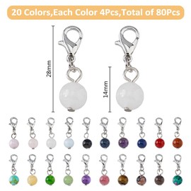 SUPERFINDINGS 80 Pieces 20 Colours Clip On Charms Natural Gemstone Pendant with Lobster Clasps Round Ball Pendant Dangling Beads Charms for Jewellery Making 28 mm, Mixed Stone