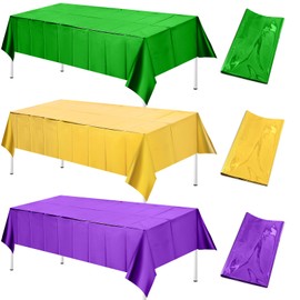 WovWeave 3 Pcs Mardi Gras Tablecloths Decorations 54 x 108 Inch Green Yellow Purple Foil Table Covers Disposable Rectangle Table Cloths for Carnival Holiday Party Supplies Home Decor