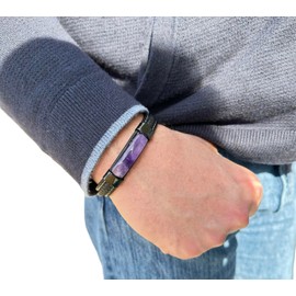 mkat Men's Bracelet with Natural Stone, Black Leather Bracelet, Natural Stone Bracelet (Amethyst, 21cm)