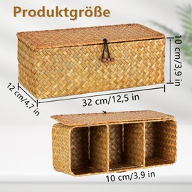 32 cm x 12 cm x 10 cm Seagrass Rectangular Storage Basket Woven Rattan Handwoven Basket with 3 Compartments for Bathroom Living Room Kitchen (Light Orange)