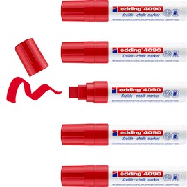 edding 4090 chalk marker - red - 5 chalk pens - chisel tip 4-15 mm - broad-tipped wet wipe pen for chalkboards, windows, glass, mirrors - liquid chalk marker pens for opaque coverage