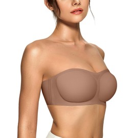 OEAK Womens Strapless Bras Push Up Bandeau Bra Non Slip Wireless Supportive Padded Bras Seamless Comfortable Tube Bra Coffee S