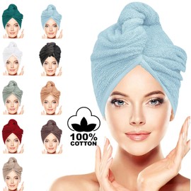 LUXURY Hair Towel Wrap 100% Cotton, Instant Drying Lightweight Turban Cap Super Quick Absorbent Anti-Frizz Twist Toweling Dry Hat with Button Loop for Long Curly Hairs, 62CM x 23CM Light Blue Single
