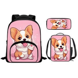 Wiryuouvt Cute Corgi Kids Backpack Boys Elementary School Ice Cream Girls Bookbag with Lunch Box Toldder School Backpack Kids School Backpack with Lunch Bag Pencil Box Cute
