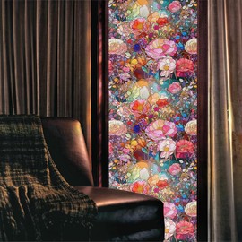 Colorful Pink Red Stained Glass Flowers Blue Purple Wildflowers Window Films Double-Side Decorative Privacy Film Self-Adhesive Static Window Clings Stickers for Living Room Bathroom
