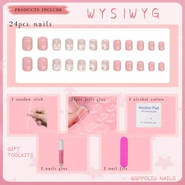 QQPPOLIU Pink Press on Nails Short Gift for Girls Cute Nail with Flower Designs Square Shape