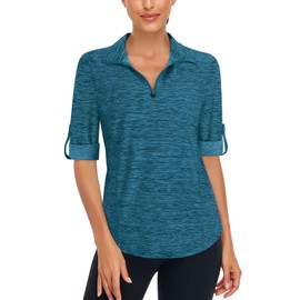 LURANEE 1/4 Zip Pullover Women,3/4 Roll Sleeve 1/4 Zip Pullover Golf Shirts Athletic Hiking Running Workout Tops UPF 50+ Blue L