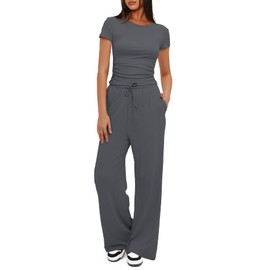 Darong Two Piece Outfits for Women Crew Neck T-shirt High Waist Wide Leg Pants Matching Sets Streetwear 9042A Grey S