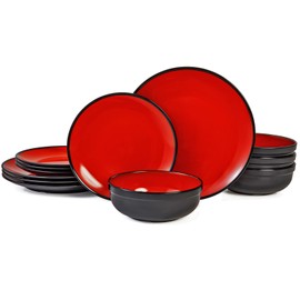 TP 12-Piece Dinnerware Set, Melamine Dishes Set with Bowls and Plates, Non-breakable Lightweight Dinner Service for 4, Red & Black