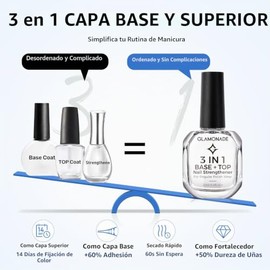 Glamonade Esmalte de uñas transparente 3 en 1: capa superior de secado rápido que evita manchas capa base y fortalecedor de uñas, alto brillo de larga