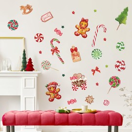 fufuquare Christmas Wall Stickers with Peppermint Candy Cane, Gingerbread Man, Xmas Wall Decor Removable Wall Arts for Living Room, Nursery, Café