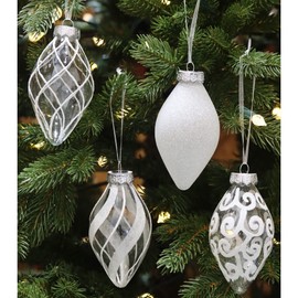 SLEETLY 12pk Christmas Tear Drop Finial Hanging Pendant Ornaments for Tree Holiday Xmas Decorations, Long 4 inch Big Shatterpoof Plastic, White
