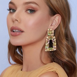 Flyonce Large Statement Drop Earrings for Women Fashion Jewelry, Sparkle Rhinestone Crystal Geometric Rectangle Dangle Colorful
