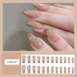 24Pcs Christmas Press on Nails Medium Square - Glitter French Fake Nails Coffin False Nails Press Ons Nail Art Tips With Rhinestones Design Full Cover Nude Pink Acrylic Nail Kit for Women DIY
