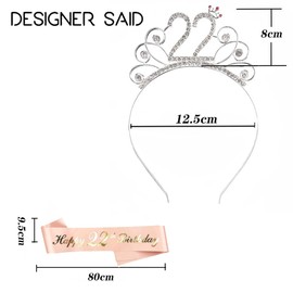 HCRXVV 22nd Birthday Crown Sash Hen Party Set for 22 Years Birthday Girl Decoration, Crystal Crowns Hair Accessories Rose Gold Happy Birthday Gift for Girl Children Women