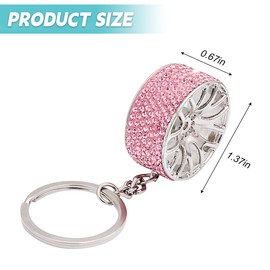 KHGUZ Bling Car Tire Wheel Keychain, Rhinestone Auto Wheel Keyring, Diamond Vehicle Rim Key Chain Accessories, Universal Fit (Pink)