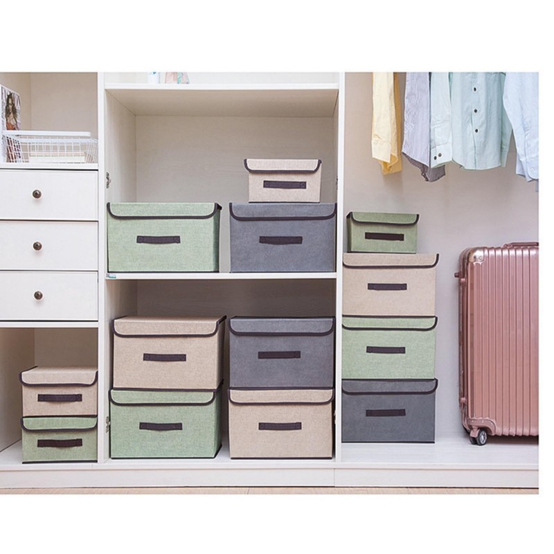 EURXLQ Grey Foldable Storage Box with Lid, Linen Fabric Foldable
