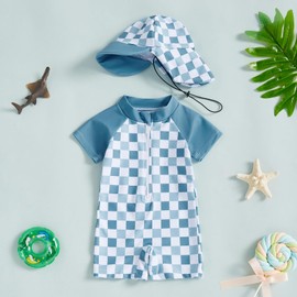 mlpeerw Baby Boy Girl Swimsuit One Piece Short Sleeve Rash Guard Zipper Swimwear Toddler Bathing Suit Infant Beach Outfits (Checkerboard-Blue, 2-3 Years)