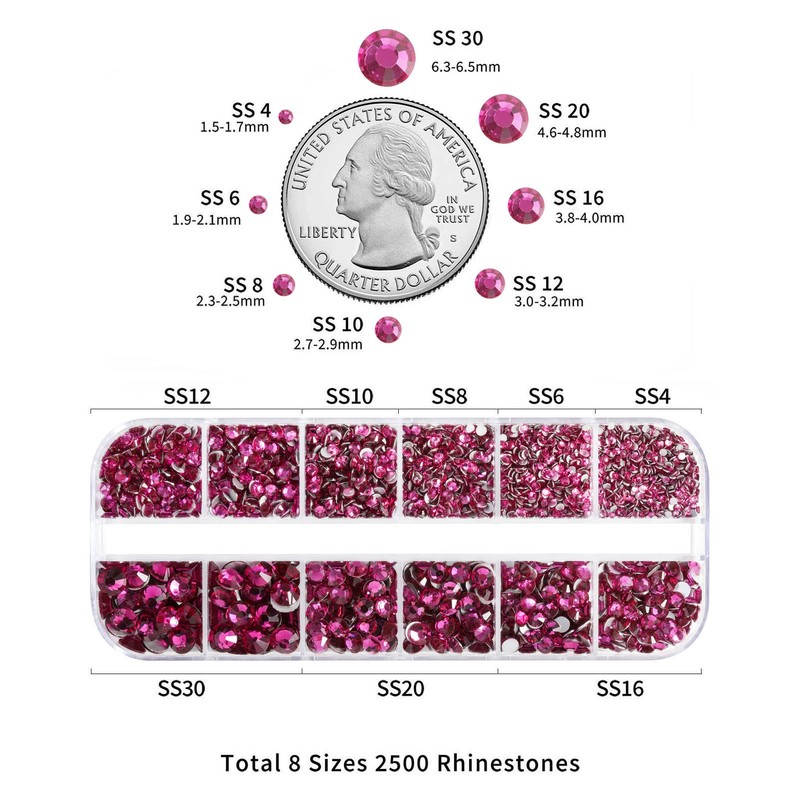 Beadsland Rhinestones for Makeup, 8 Sizes, 2500 Pieces, Crystal Flat