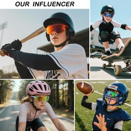 GLARDEFE Kids Baseball Sunglasses - Youth Baseball Sunglasses for Boys Girls - Sports Softball Shades Age 6-14(White/Blue Mirror + Red/Orange Mirror + Blue/Green Mirrored)
