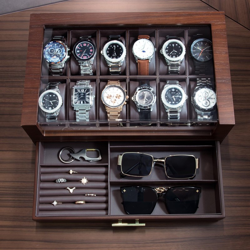 High End Watch Box for Men, 12 Slot Wooden Watch