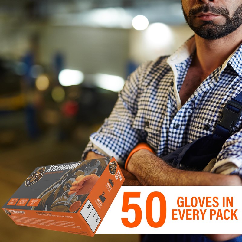 Xtremeauto Nitrile Gloves - Disposable Gloves, Diamond Grip Orange Gloves