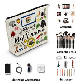 YULUENZE Take Me To West Virginia Makeup Bag West Virginia Travel Gift Small Canvas Organizer Bag with Zipper West Virginia Cosmetic Bag Travel Present for Women Friends Families