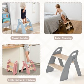 Wooden 2 Step Stool for Kids Bathroom Sink Foldable Anti-Slip 2-Step for Toilet Potty Training, Child Stepping Stool for Kitchen Nursery Bedroom, Sturdy Non Slip Adult Stool for Closet Grey