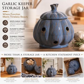 Ceramic Garlic Keeper Storage Holder Jar with Lid, Kitchen Countertop Large Garlic Canister Cellar Saver Holder Crock Container. (Blue)