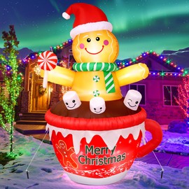 Hatisan 7 FT Christmas Inflatables Outdoor Decoration, Huge Gingerbread Man Inflatable with Hot Chocolate Cup, Candy, Christmas Inflatable Outdoor Decoration Built-in Led