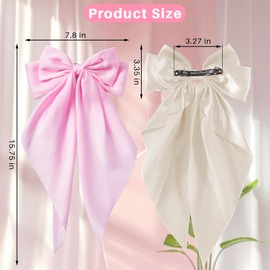 Hair Bows for Women Oversized Bow Hair Clips with Long Tail Large Silky Satin Hair Bowknot Vintage Hair Accessories for Women (Pink and White)
