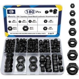 ZQZ 180 Pack Black Locknuts Assortment Kit, M3 M4 M5 M6 M8 M10 M12 Metric Black Nylon Insert Lock Nuts Set, 304 Stainless Steel Standard Threaded Nylock Nuts