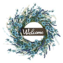 24inch Artificial Blue Forsythia Flower Wreath for Front Door Spring Summer Daisy Lavender Wreaths All Year Around Farmhouse Wild Wreath with Welcome Sign for Outdoor Wall Window Garden Porch Decor