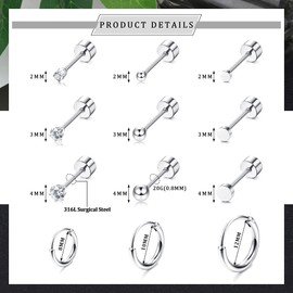 Thunaraz Small Tiny Stud Hoop Earring Gold Studs Stainless Steel Earring Sets for Multiple Piercing Cartilage Hoop Earrings Silver Tone