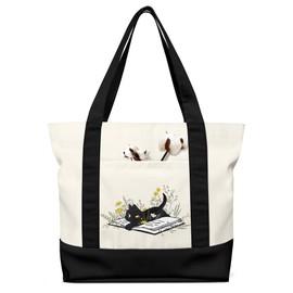 Miss Adola Aesthetic Canvas Tote Bag - Pouch Bag for Women Girls Cotton Cloth Tote Bag with External & Inner Pocket for Shopping, Gym, Work, Travel, Vacation, BlackCat