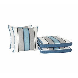 Suntastic Sundeck Stripe Outdoor/Indoor 4-Piece Deluxe Dining Cushion and Pillow Set for Patio Furniture, Captain's Blue