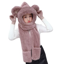 Kids Hat Scarf Gloves Set Boys Girls Cute Panda 3-in-1 Winter Warm Plush Faux Fur Head Trapper Hooded Neck Warmer Windproof Earmuffs Snood Gloves Mittens Earflap Hat Long Scarf for Age 3-8