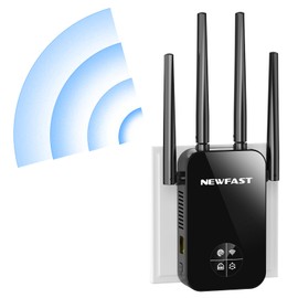 NEWFAST WLAN Amplifier, 1200 Mbit/s WiFi Extender Powerful WLAN Repeater with 4 Swivelling Antenna, WPS, Ethernet Port, MU-MIMO, Support Repeater/Router/Ap Mode for Home and Office, EU Plug