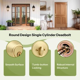 Moquin Brushed Gold Round Design Single Cylinder Deadbolt with Key, Satin Brass Modern Keyed Dead Bolt for Exterior Front/Entrance Doors and Office Doors