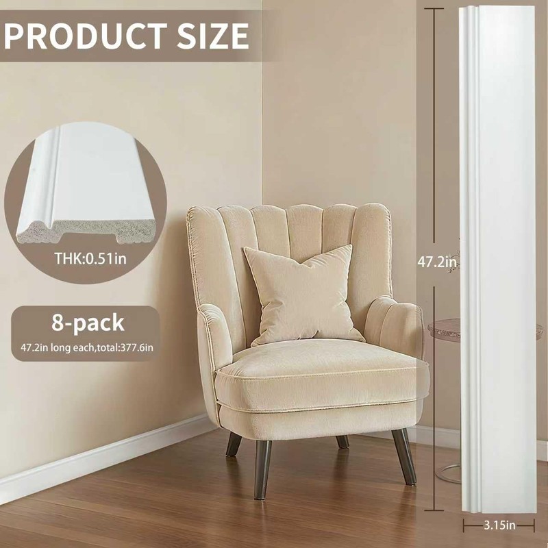 BOBIBAN 8 Pcs Wall Baseboard Molding Trim 47.2 x 3.15