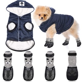 Hooded Dog Coat and Dog Cat Boots Shoes Socks Stylish Puppy Clothes Warm Dog Jacket Waterproof Dog Shoes for Small Puppy (Navy Blue,S)