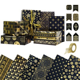 Birthday Wrapping Paper Set, 6 Sheets Metallic Black Gold Foil Wrapping Paper, Luxury Gift Wraps Set with Tags for Boys Girls