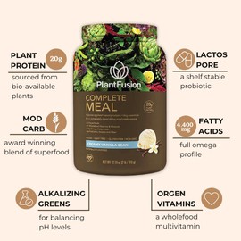 PlantFusion Complete Meal Replacement Shake - Plant Based Protein Powder with Superfoods, Greens & Probiotics - Vegan, Gluten Free, Soy Free, Non-Dairy, No Sugar, Non-GMO - Vanilla 1 lb
