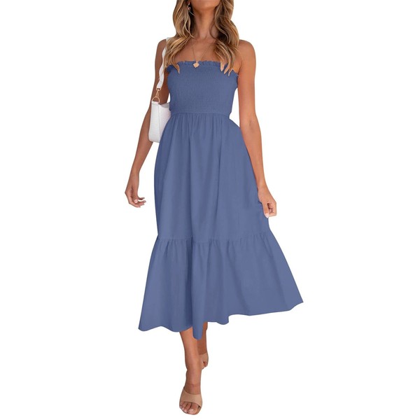 ZESICA - Vestido Largo de Verano para Mujer, Estampado Floral, Bohemio, sin Tirantes, para Fiesta en la Playa, Azul (Dustyblue), XL